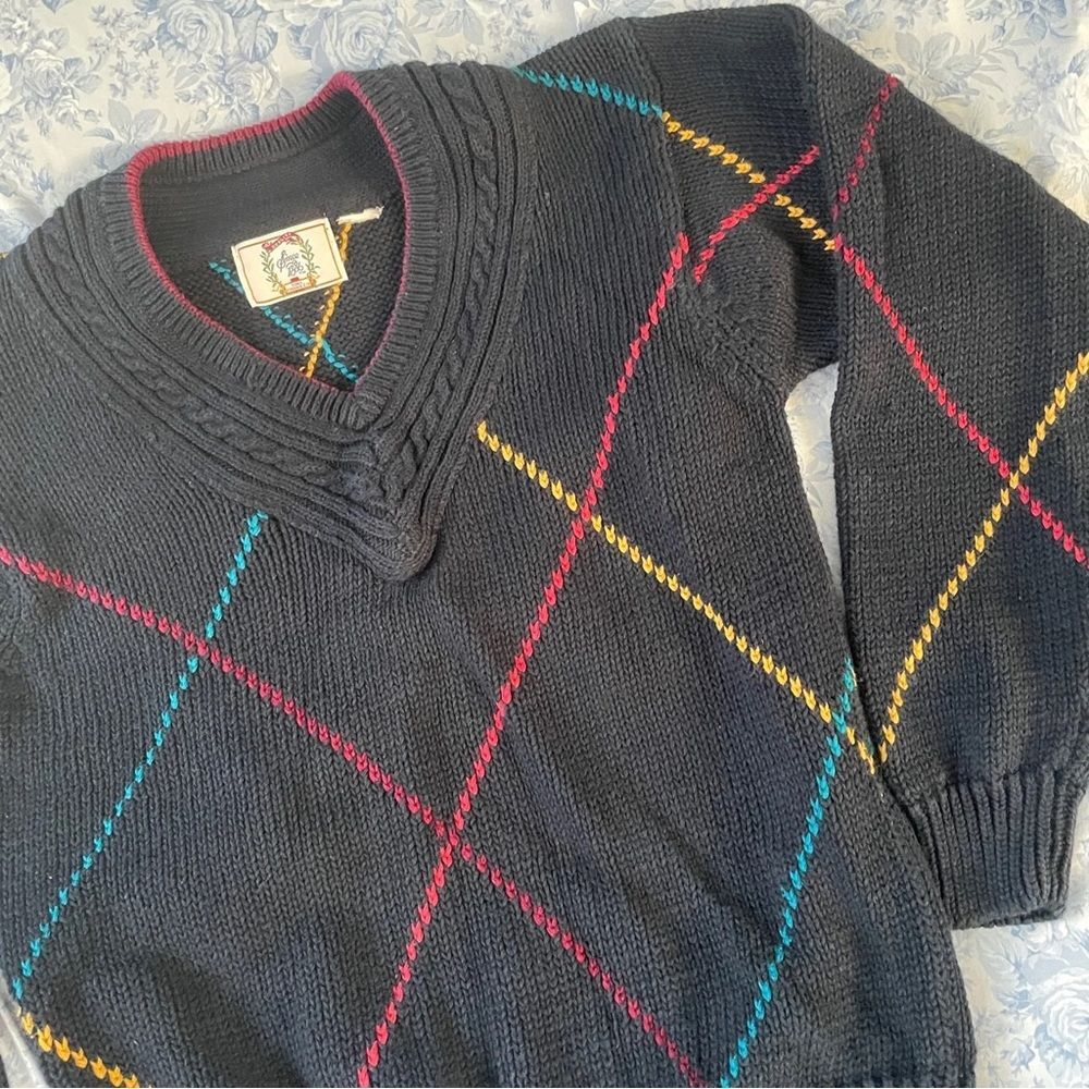 Vintage Old Money Diamond Knit Sweater 90s V Neck Pullover Preppy Yuppy Kid Core